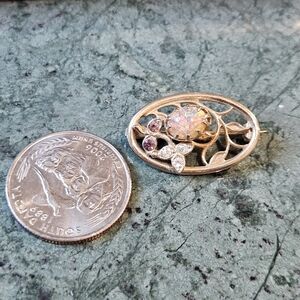 Gorgeous Vintage Fire Opal Cabochon Pink Crystal Gold Tone Brooch